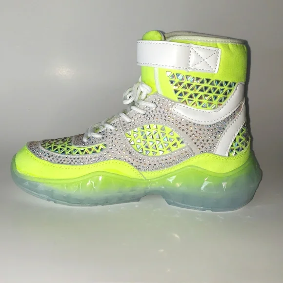 HI TOP LACE UP NEON LIME RHINESTONE SNEAKERS - Picture 4 of 6